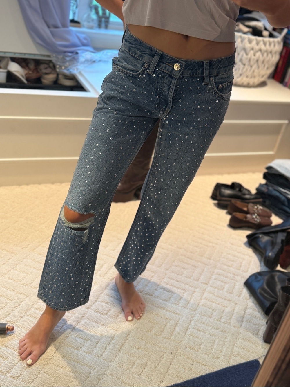 ASOS DESIGN Petite Rhinestone Embellished Ripped Jeans Size 24